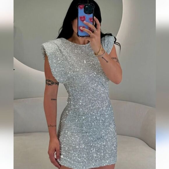 ZARA NWT ZARA SHORT SEQUINNED DRESS WITH SHOULDER PADS SILVER - Picture 7 of 10